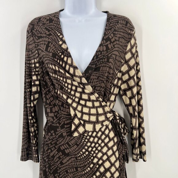 Etcetera Womens 10 Dress Brown Cream Geometric Print Wrap Style Stretch Knit - Picture 10 of 11